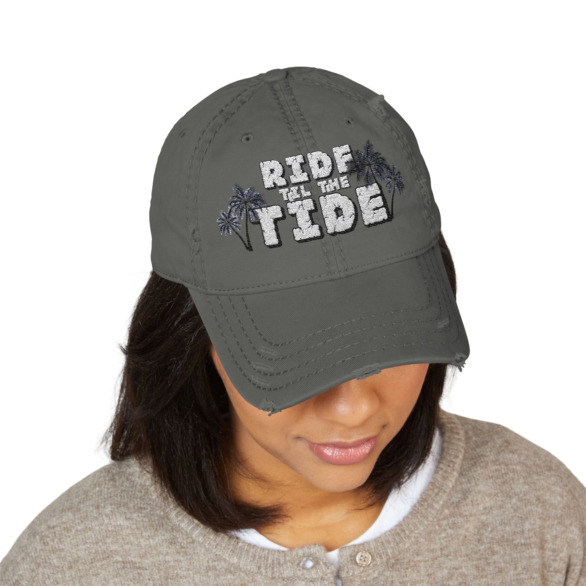 Ride the Tide Embroidery Distressed Hat, Summer Beach Cap, Casual Style Hat, Gift for Surf Lovers, Trendy Headwear - GritPalm Collective