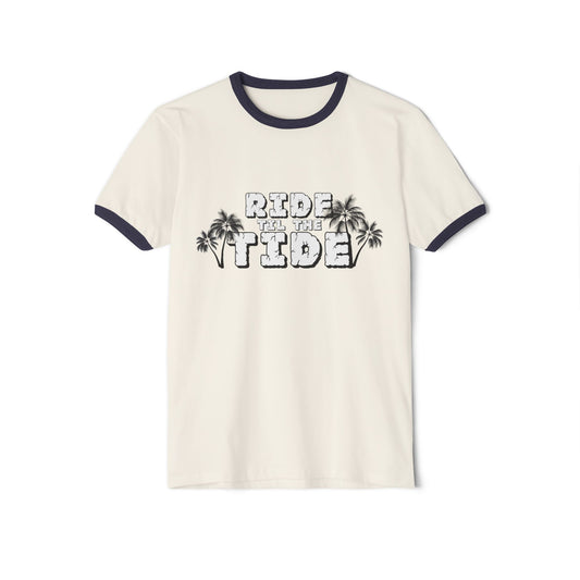 Ride the Tide Unisex Cotton Ringer T-Shirt, Beach Day Tee, Summer Vibes Shirt, Casual Everyday Wear, Gift for Ocean Lovers - GritPalm Collective