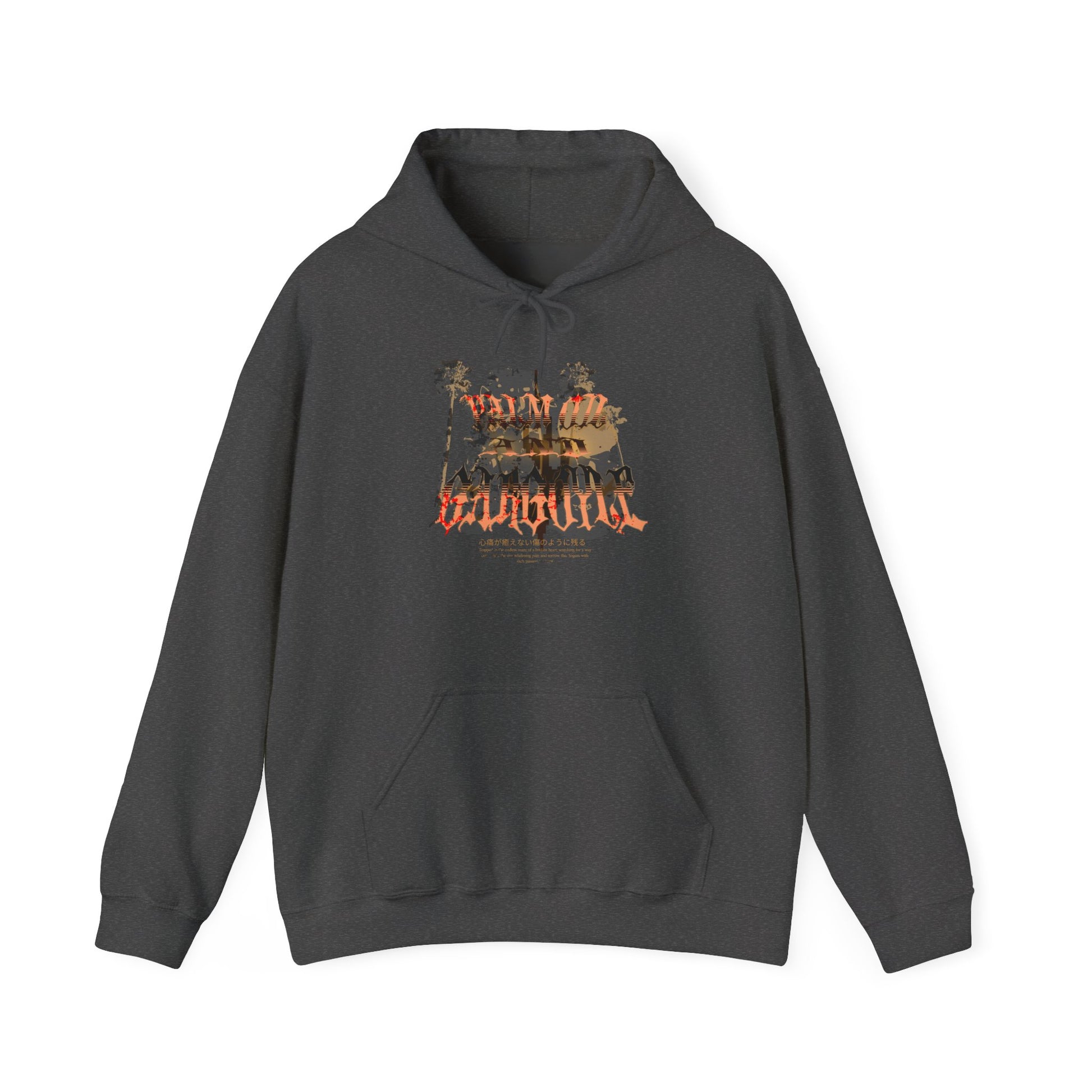 Palm Oil and Gargoyle Hooded Sweatshirt, Cozy Gift for Friends, Casual Streetwear, Summer Bonfire, Graphic Pullover, Relaxed Look - GritPalm Collective