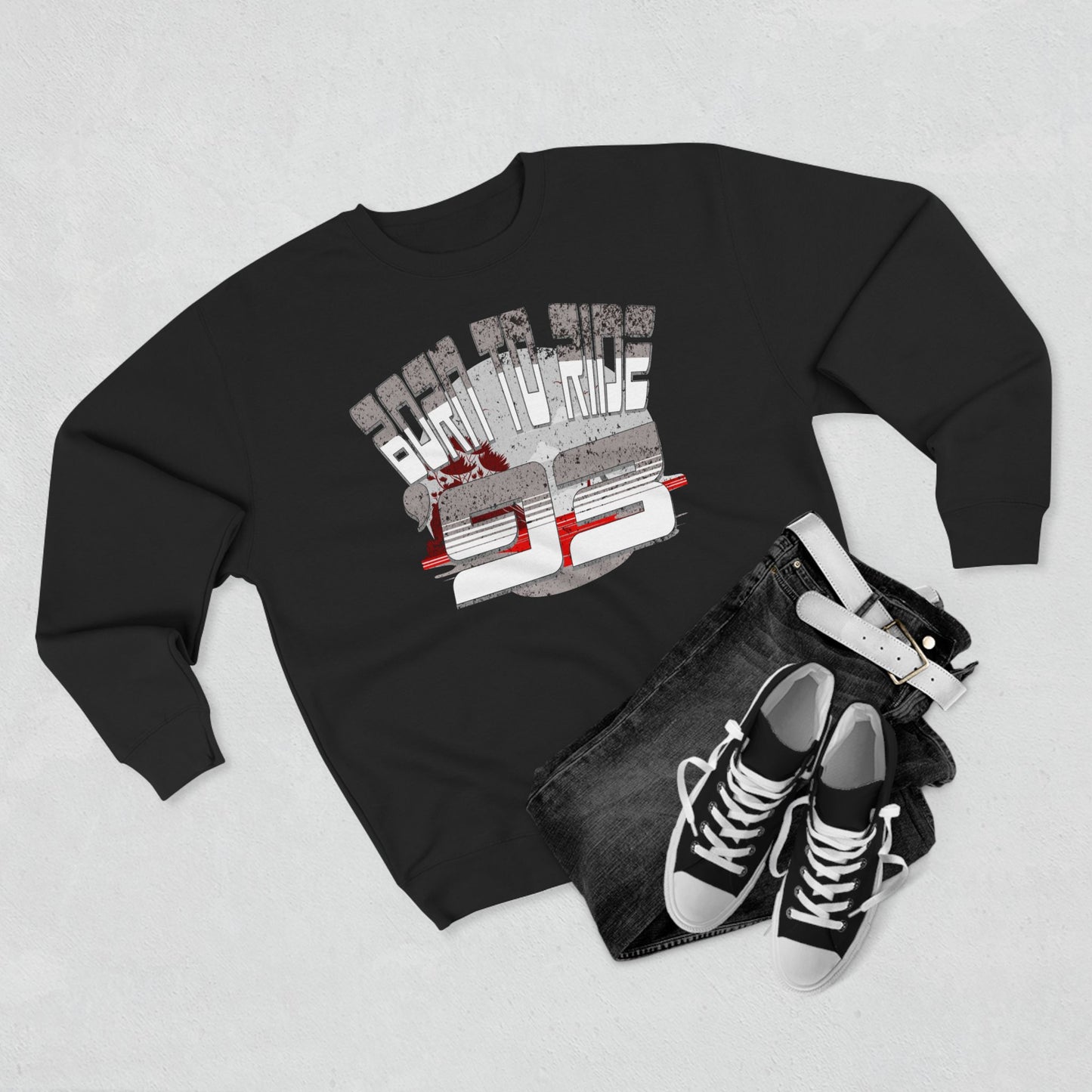 Born to Ride '93 in Monochrome Crewneck Sweatshirt, Casual Fashion, Gift for Him/Her, Retro Style, Year 1995, Cozy Everyday Wear