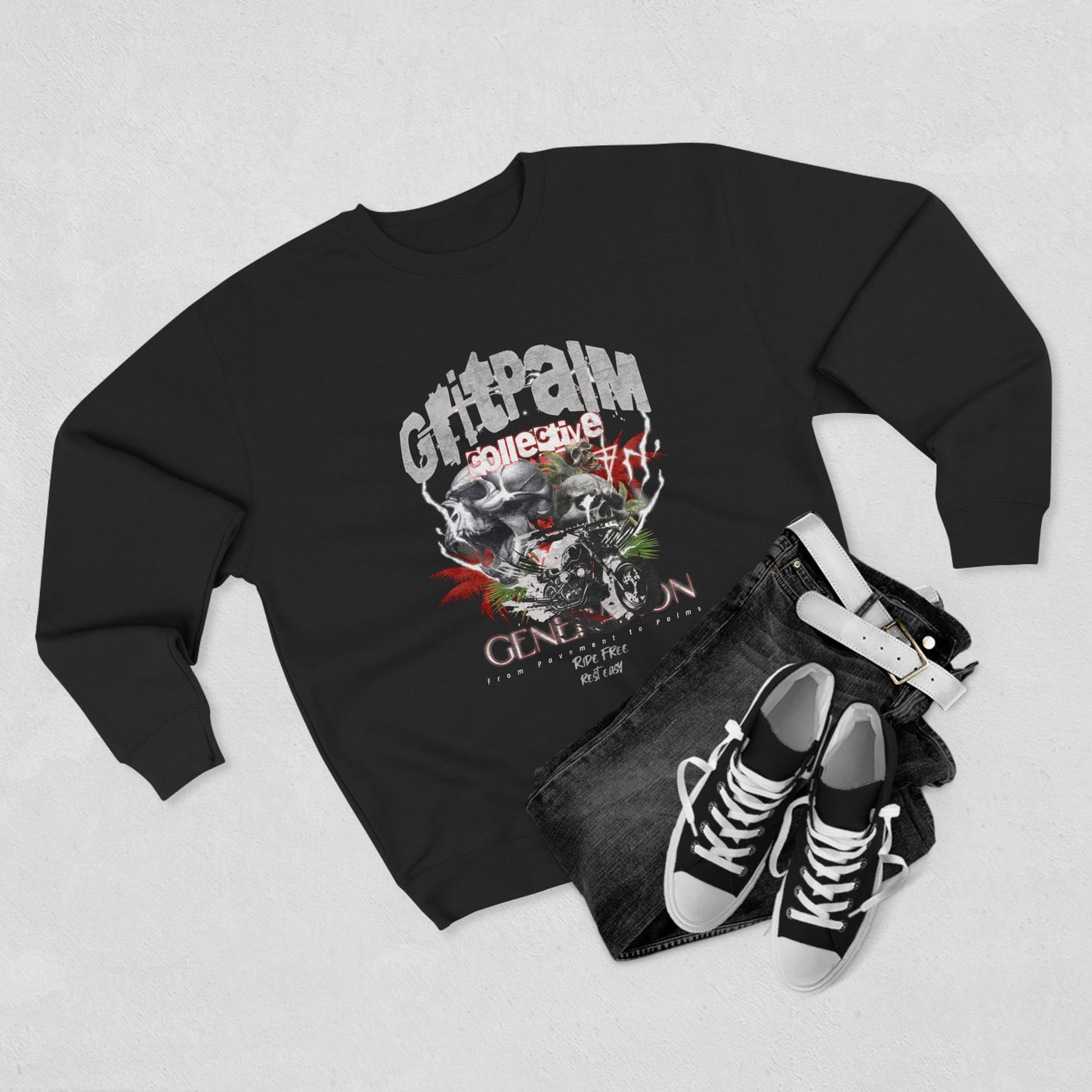 GritPalm Collective Unisex Crewneck Sweatshirt | Retro Streetwear, Gift for Him/Her, Trendy Outfit, Music Festival Apparel, Vintage Graphic Clothing - GritPalm Collective