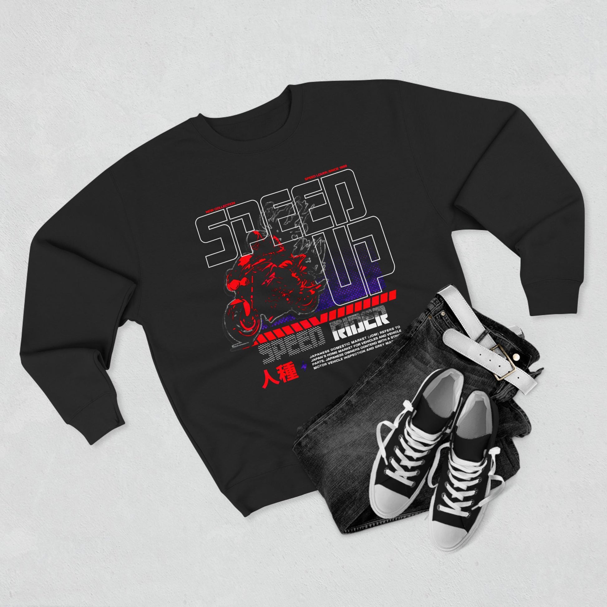Speed Up Unisex Graphic Crewneck Sweatshirt, Cool Biker Gift, Casual Streetwear, Unique Sweatshirt for Men and Women, Cozy Fall Layer - GritPalm Collective
