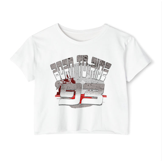 Born to Ride '93 in Monochrome Crop Top Graphic Tee, Summer Music Festival Shirt, Boho Style Top, Women’s Concert Wear, Casual Summer Top