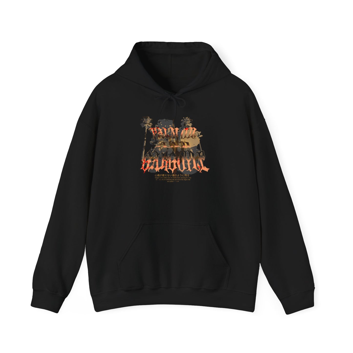 Palm Oil and Gargoyle Hooded Sweatshirt, Cozy Gift for Friends, Casual Streetwear, Summer Bonfire, Graphic Pullover, Relaxed Look - GritPalm Collective