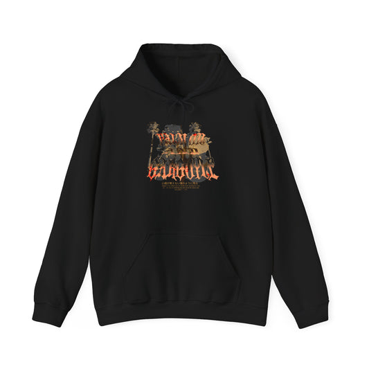 Palm Oil and Gargoyle Hooded Sweatshirt, Cozy Gift for Friends, Casual Streetwear, Summer Bonfire, Graphic Pullover, Relaxed Look - GritPalm Collective