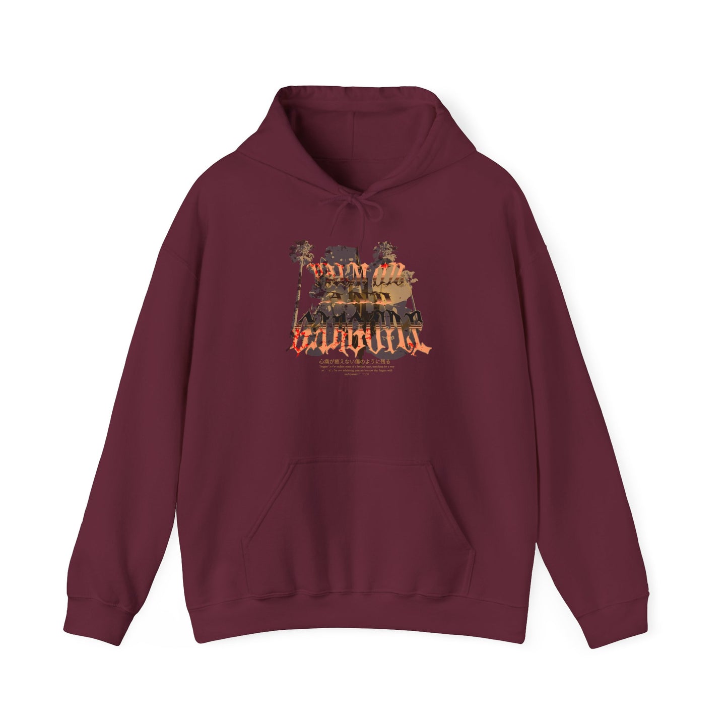 Palm Oil and Gargoyle Hooded Sweatshirt, Cozy Gift for Friends, Casual Streetwear, Summer Bonfire, Graphic Pullover, Relaxed Look - GritPalm Collective