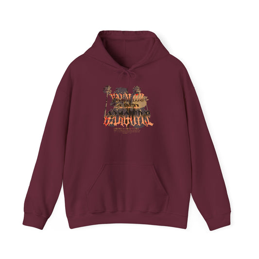 Palm Oil and Gargoyle Hooded Sweatshirt, Cozy Gift for Friends, Casual Streetwear, Summer Bonfire, Graphic Pullover, Relaxed Look - GritPalm Collective