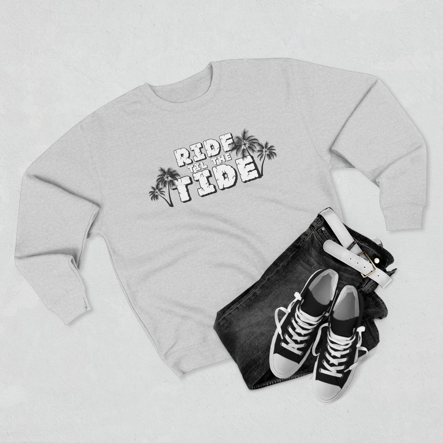 Ride til the Tide Unisex Crewneck Sweatshirt - Ride the Tide, Casual Wear, Summer Style, Gift for Surfers, Cozy Layering - GritPalm Collective