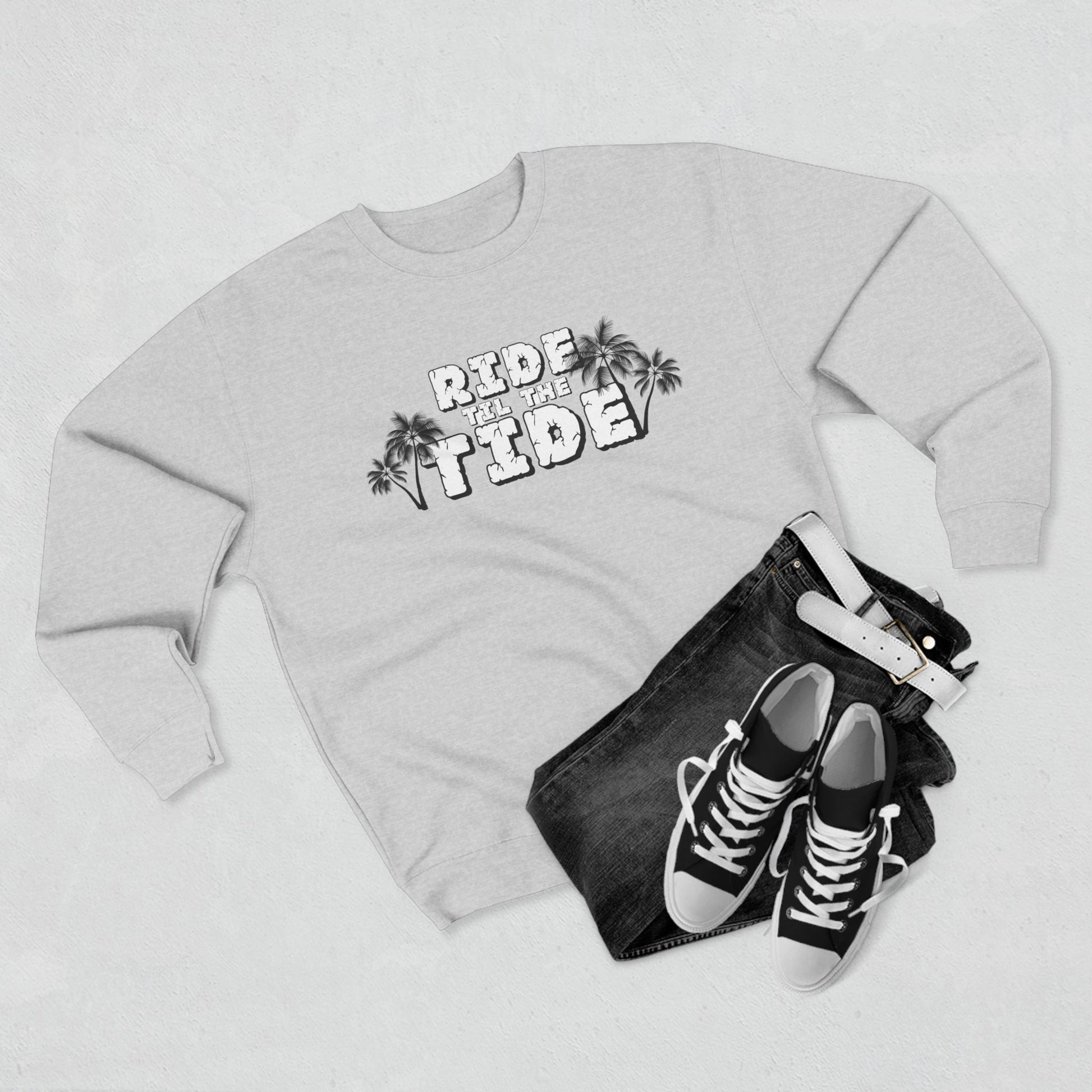 Ride til the Tide Unisex Crewneck Sweatshirt - Ride the Tide, Casual Wear, Summer Style, Gift for Surfers, Cozy Layering - GritPalm Collective