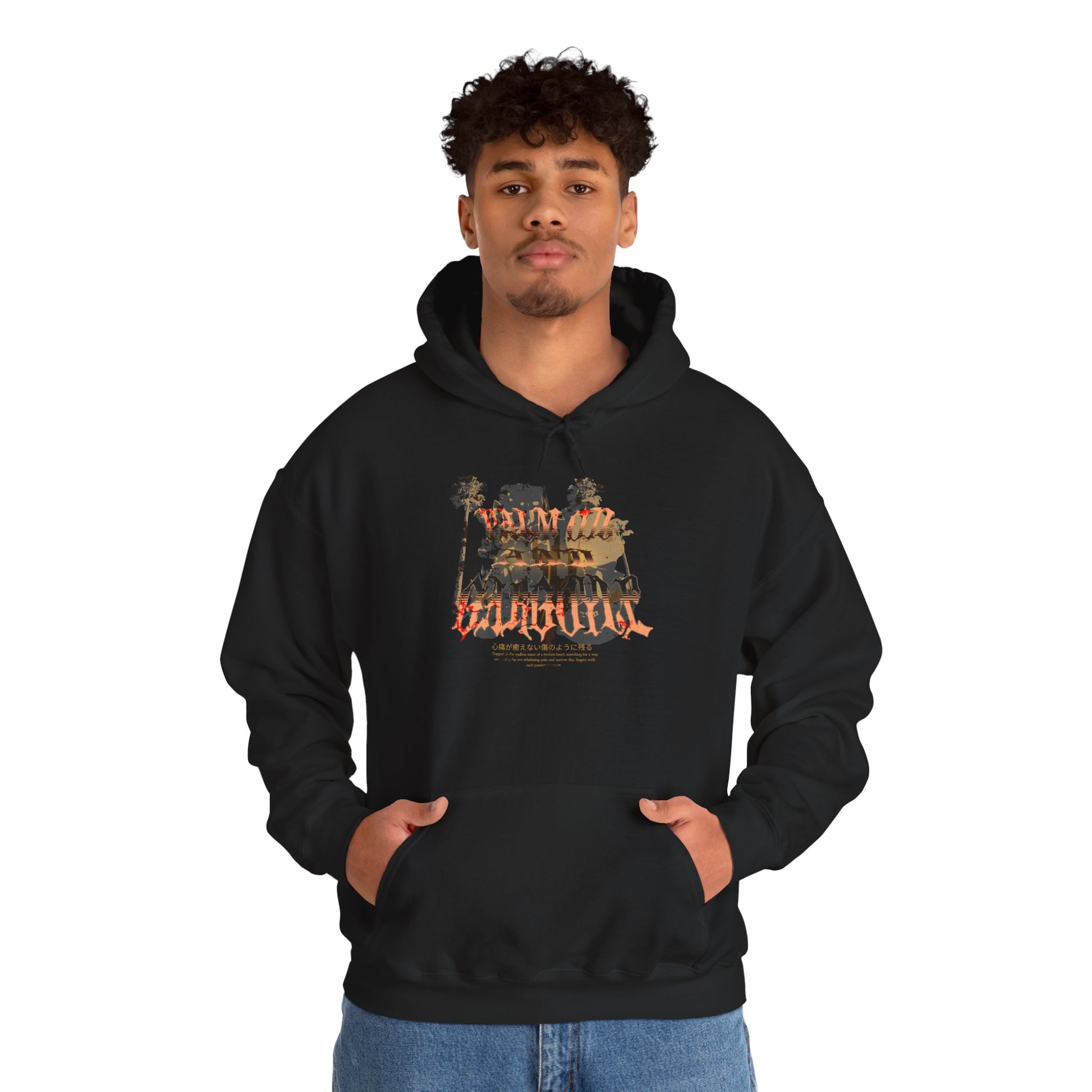 Palm Oil and Gargoyle Hooded Sweatshirt, Cozy Gift for Friends, Casual Streetwear, Summer Bonfire, Graphic Pullover, Relaxed Look - GritPalm Collective