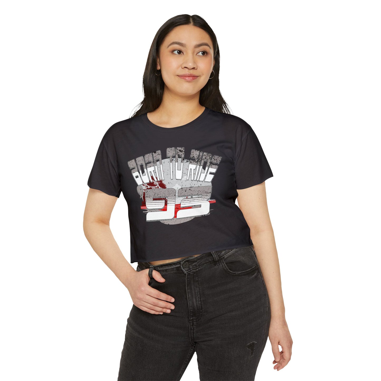 Born to Ride '93 in Monochrome Crop Top Graphic Tee, Summer Music Festival Shirt, Boho Style Top, Women’s Concert Wear, Casual Summer Top