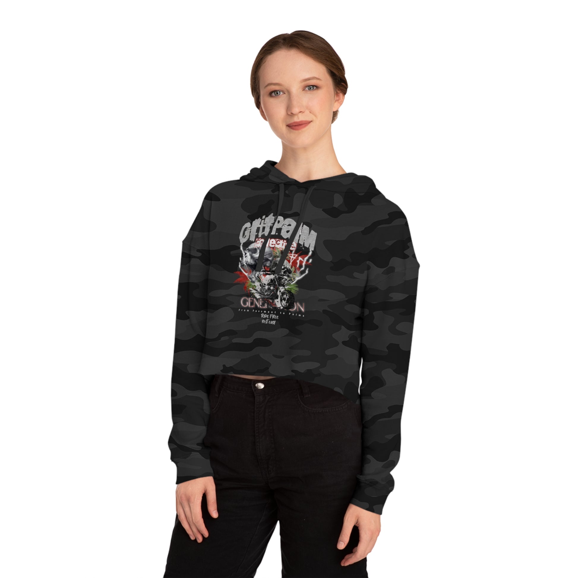 GritPalm Collective Camo Graphic Cropped Hoodie, Casual Streetwear for Women, Trendy Urban Fashion, Gift for Her, Fall Layering - GritPalm Collective