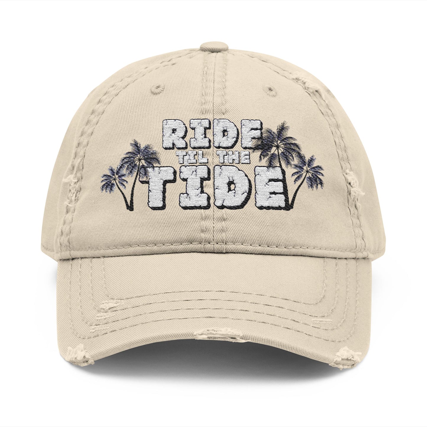 Ride the Tide Embroidery Distressed Hat, Summer Beach Cap, Casual Style Hat, Gift for Surf Lovers, Trendy Headwear - GritPalm Collective