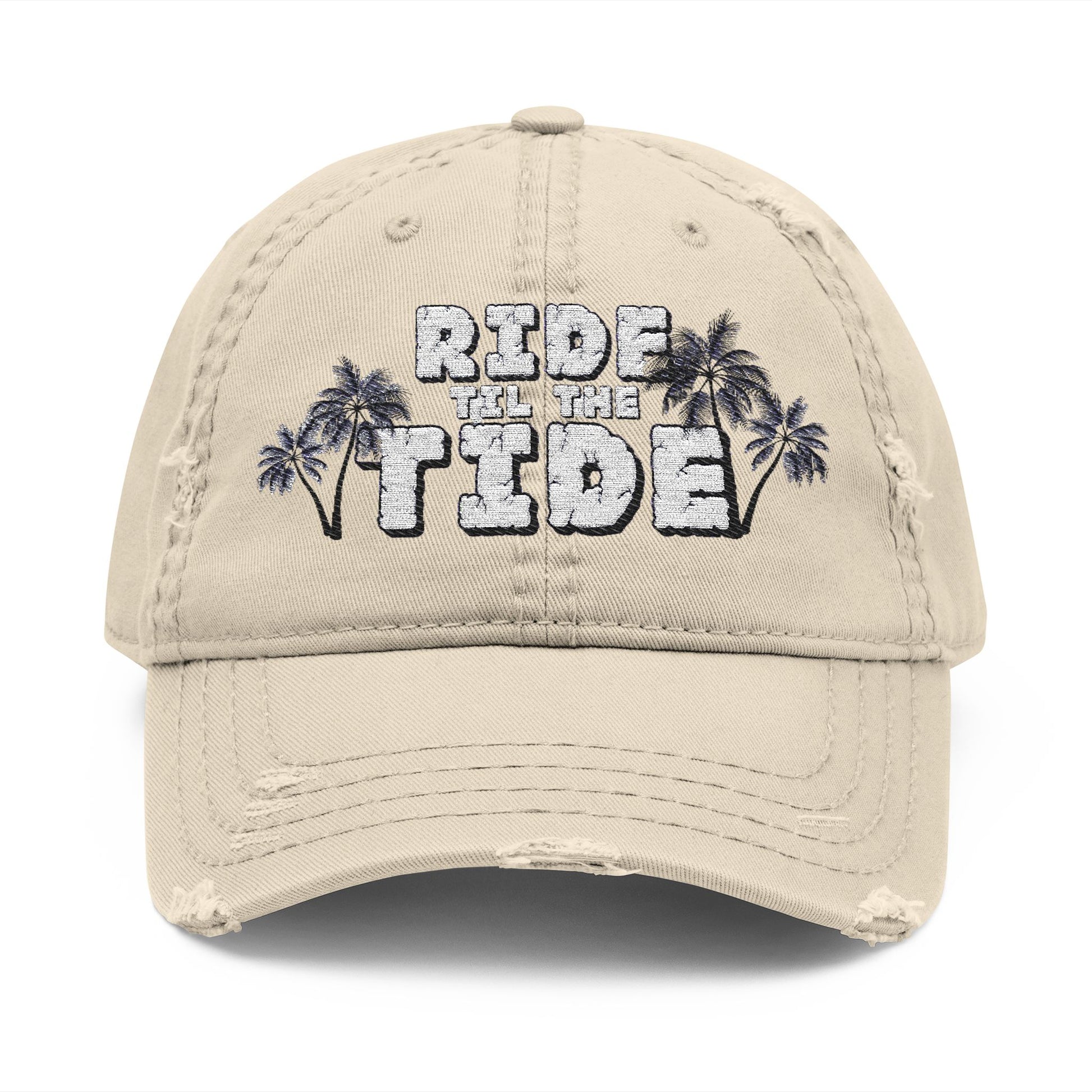 Ride the Tide Embroidery Distressed Hat, Summer Beach Cap, Casual Style Hat, Gift for Surf Lovers, Trendy Headwear - GritPalm Collective