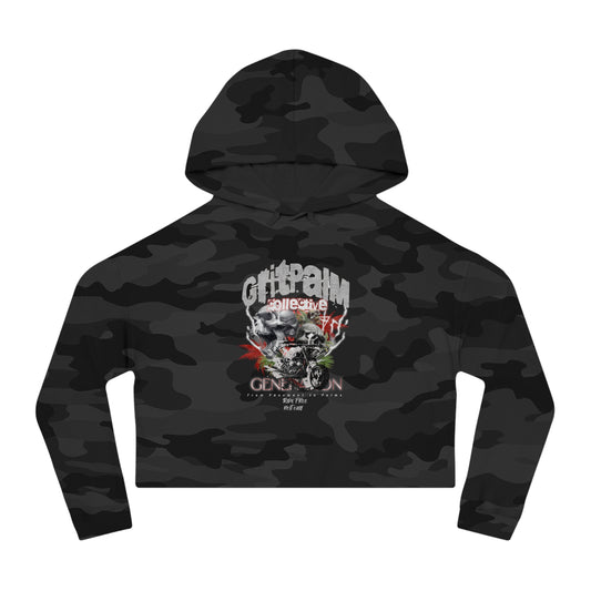 GritPalm Collective Camo Graphic Cropped Hoodie, Casual Streetwear for Women, Trendy Urban Fashion, Gift for Her, Fall Layering - GritPalm Collective