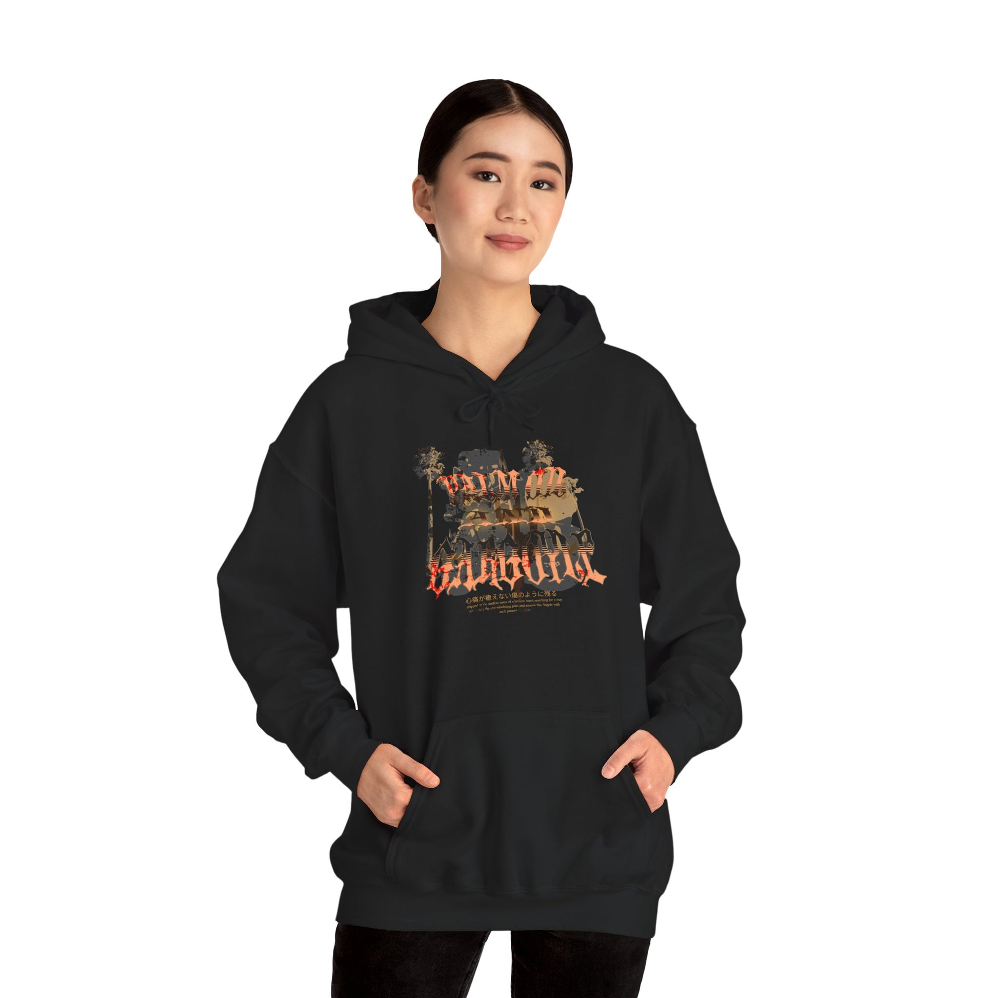 Palm Oil and Gargoyle Hooded Sweatshirt, Cozy Gift for Friends, Casual Streetwear, Summer Bonfire, Graphic Pullover, Relaxed Look - GritPalm Collective